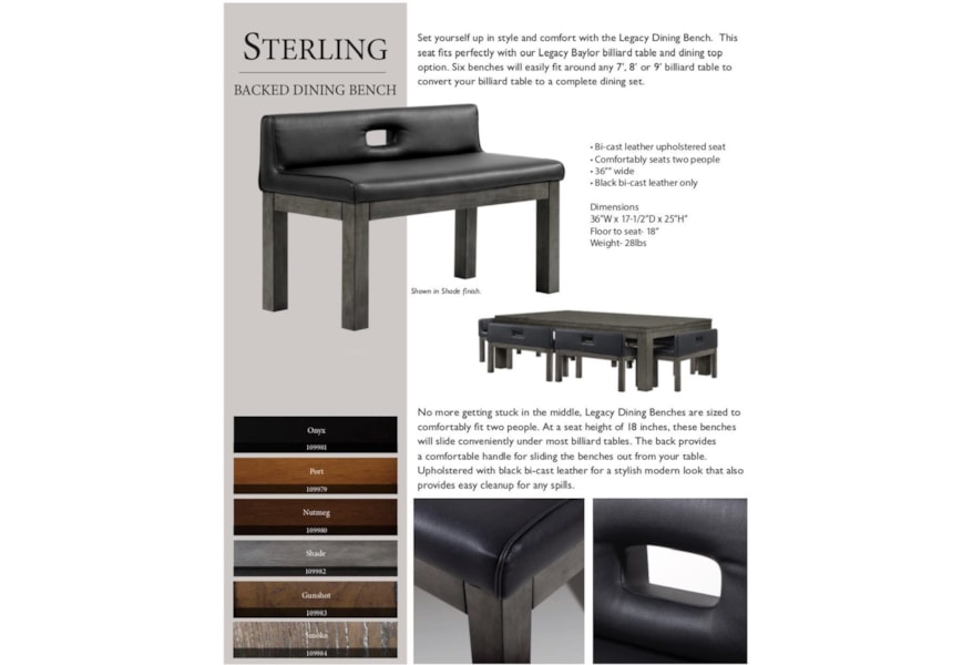 Legacy Billiards Game Room Accessories Dining Bench Backed Bench