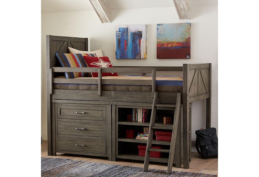 Legacy Classic Kids Bunkhouse Casual Rustic Twin Mid Loft Bed With Dresser And Bookcase Lindy S Furniture Company Loft Beds