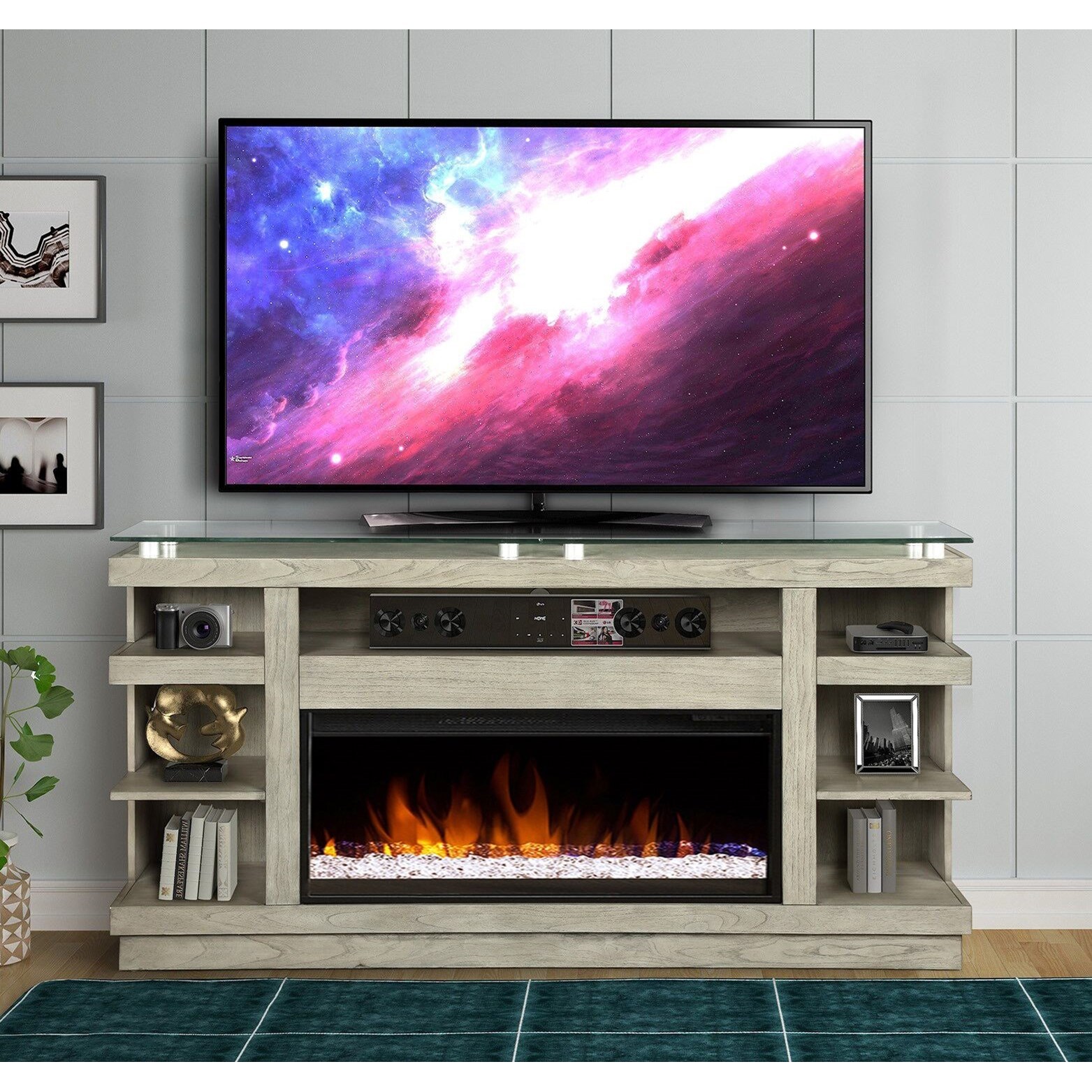 Legends Furniture Celino Contemporary 74 Fireplace Console With Glass Top Reeds Furniture Tv Stands