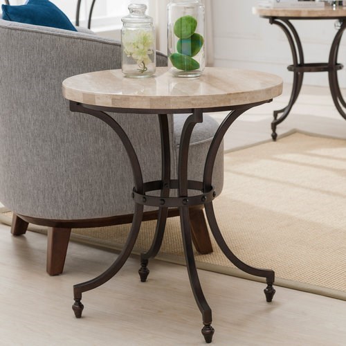Leick Furniture Travertine Round Stone Top Side Table With Rubbed
