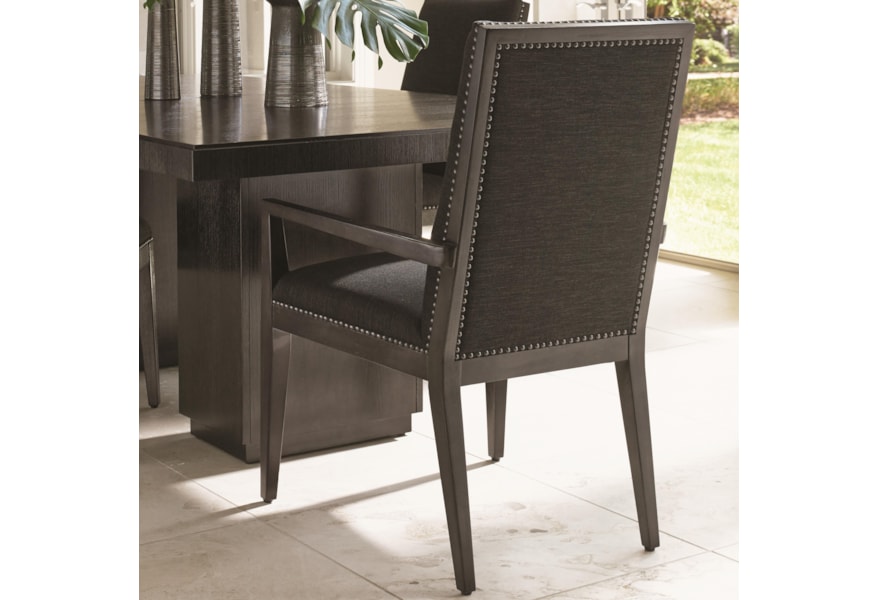 Lexington Carrera Vantage Quickship Upholstered Arm Chair With Gray Mist Fabric And Nailhead Studs Belfort Furniture Dining Arm Chairs