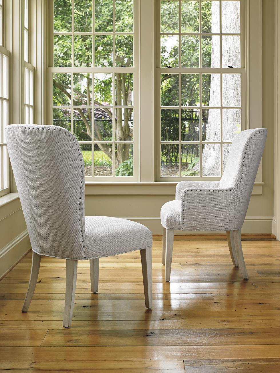 Lexington Oyster Bay Baxter Upholstered Arm Chair In Sea Pearl Fabric Sprintz Furniture Dining Arm Chairs