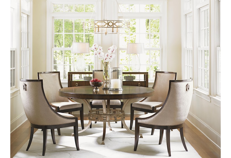 Lexington Tower Place Contemporary Regis Round Dining Table With Gold Metal Base And Greek Key Stretcher Belfort Furniture Dining Tables