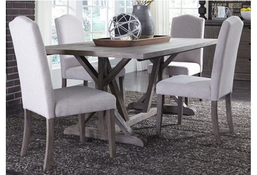 Libby Carolina Lakes 5 Piece Trestle Table Set With Tan Parson S Chairs Walker S Furniture Dining 5 Piece Sets