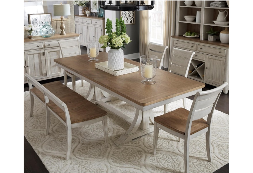 Liberty Furniture Farmhouse Reimagined Relaxed Vintage 6 Piece Trestle Table Set Zak S Home Table Chair Set With Bench