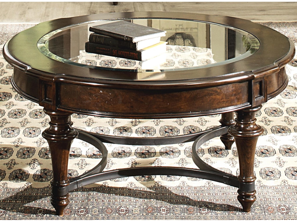 Liberty Furniture Kingston Plantation Round Cocktail Table With Beveled Glass Top And Metal Stretcher Royal Furniture Cocktail Coffee Tables