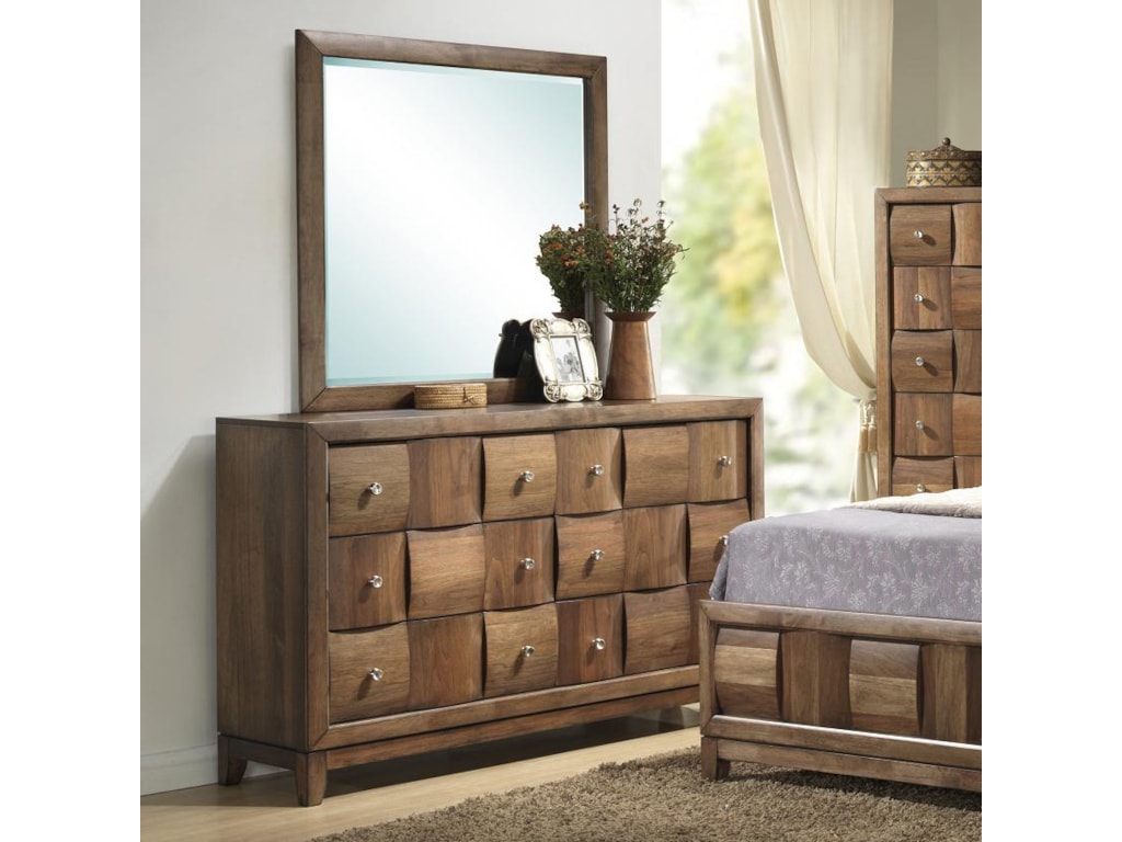 Lifestyle Walnut Parquet 6 Drawer Dresser And Framed Mirror