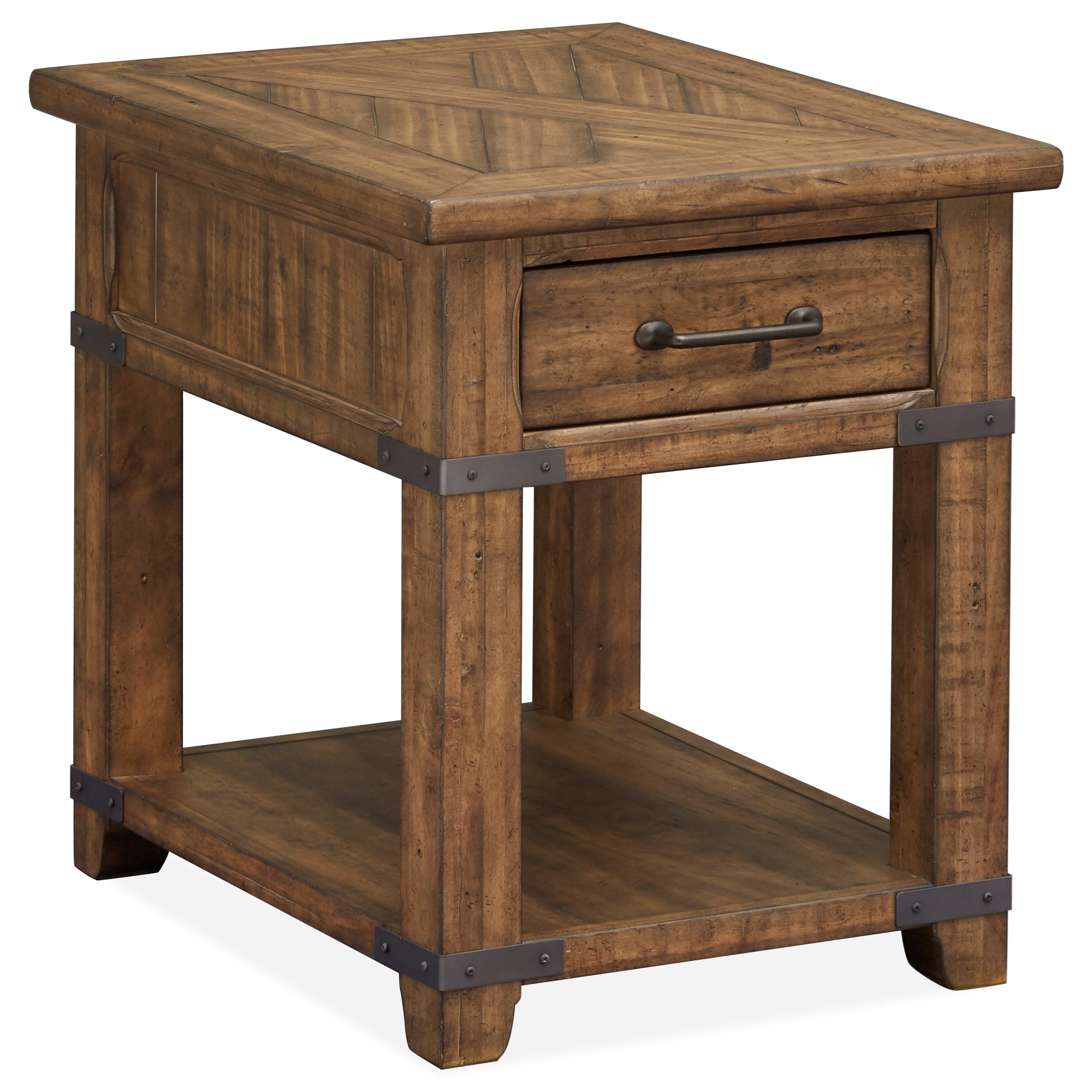 Magnussen Home Chesterfield Rustic End Table With Drawer Darvin Furniture End Tables Small antique rustic cabinet / end or side table having a single leather pull on each door or drawer. chesterfield rustic end table with drawer by magnussen home at darvin furniture
