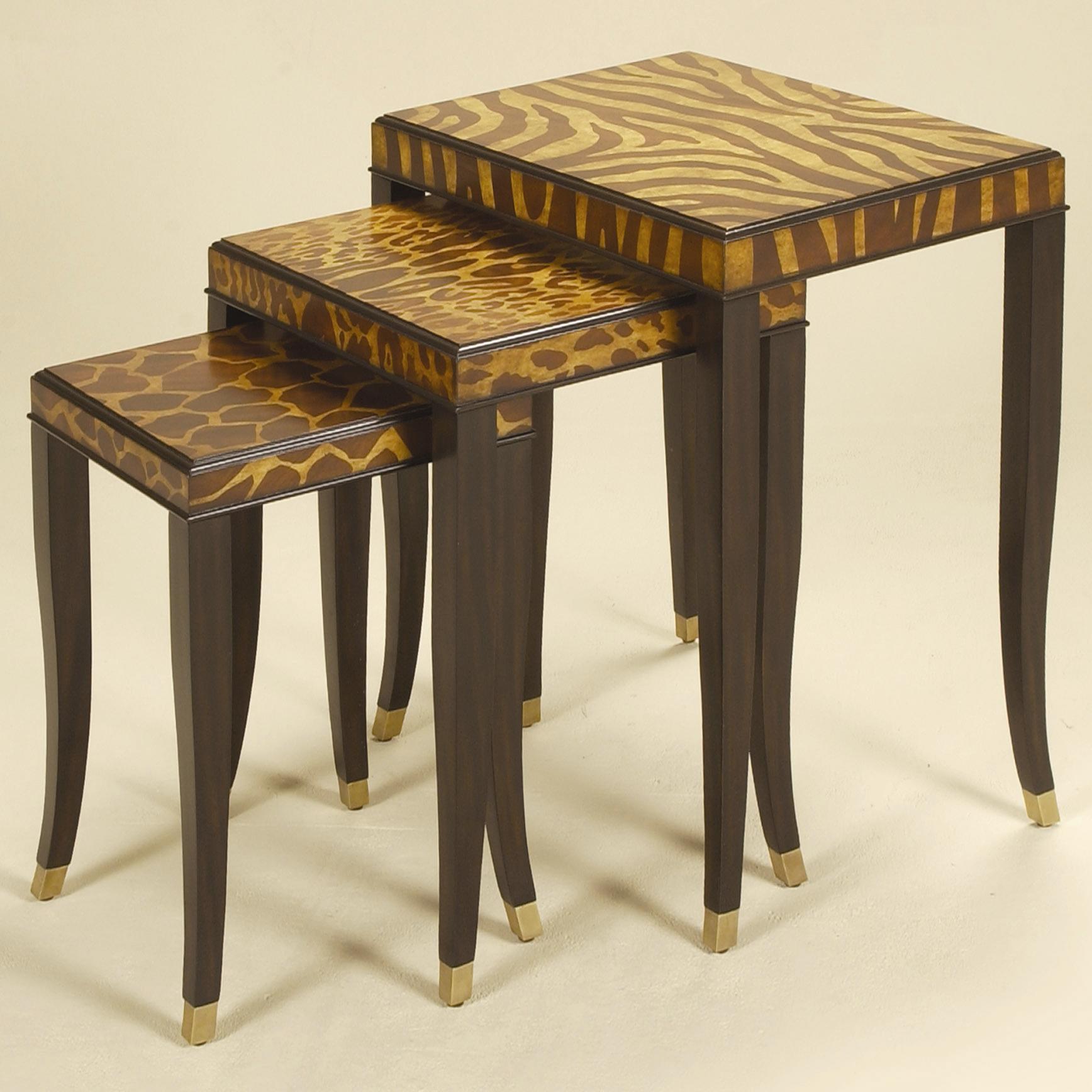 Set of Three Ebony Finished Nest of Tables with Marquetry Inlay in Animal Motif