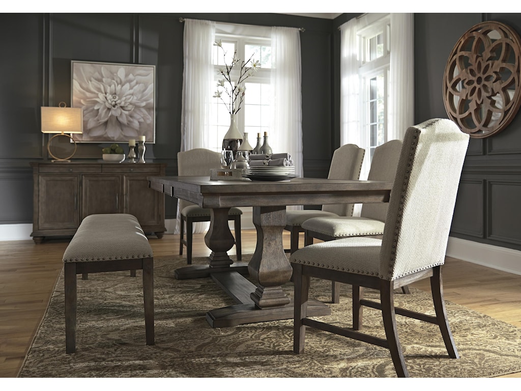 Millennium Johnelle D776 55t 55b 4x01 00 60 7 Pc Dining Room Ext Table 4 Uph Chairs Bench And Server Set Sam Levitz Outlet Dining 7 Or More Piece Sets