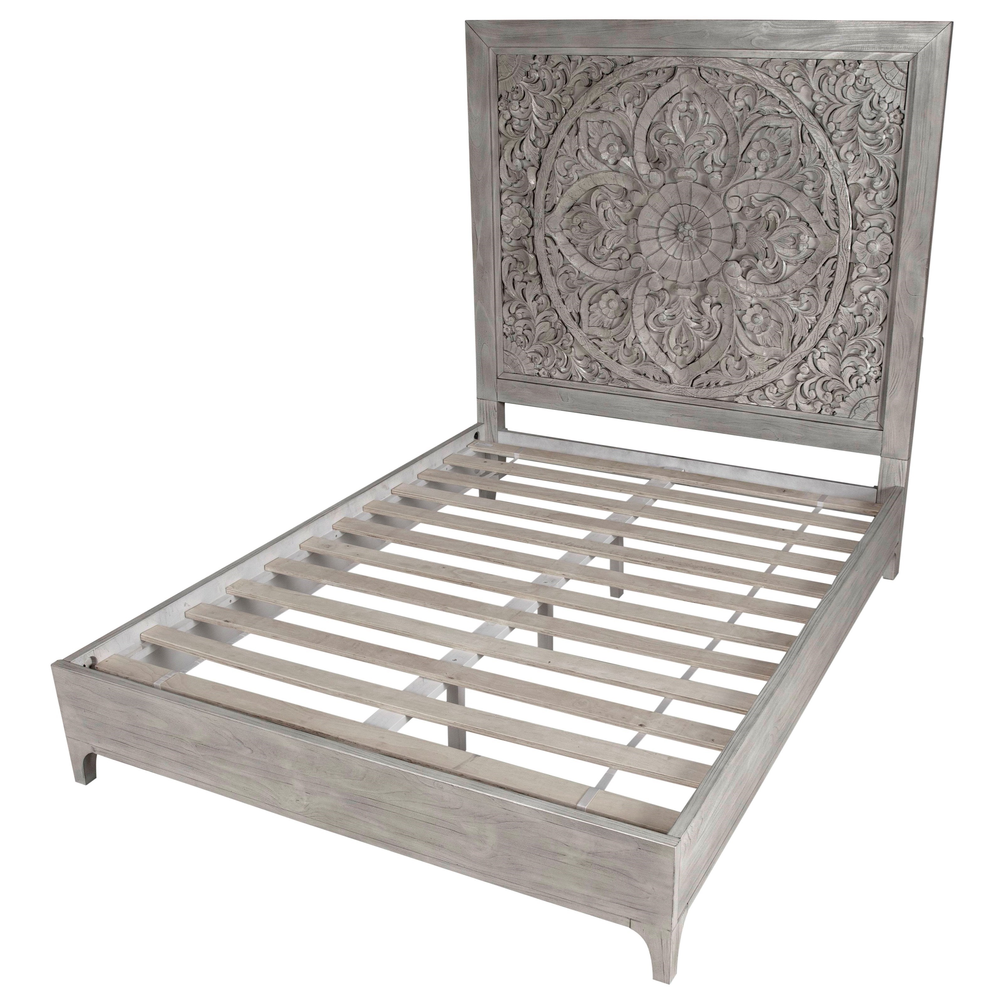 Modus International Boho Chic Queen Platform Bed In Washed White With Intricate Headboard Reeds Furniture Platform Beds Low Profile Beds