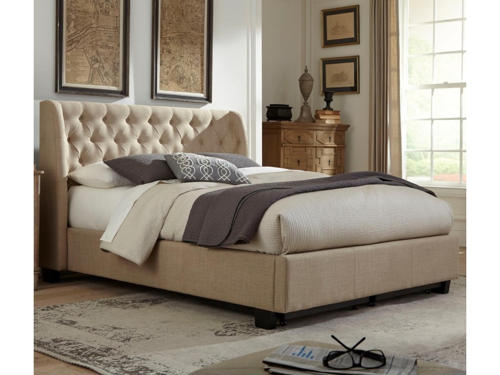 Geneva King Levi Upholstered Storage Bed With Tufting And Shelter Sides Sadler S Home Furnishings Upholstered Beds