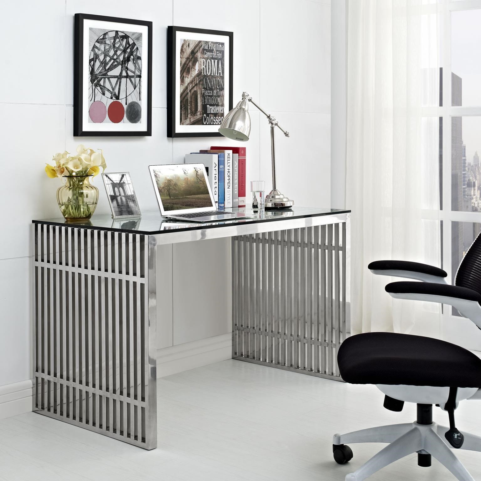 Modway Home Office Gridiron Stainless Steel Office Desk In Silver Value City Furniture Table Desks Writing Desks