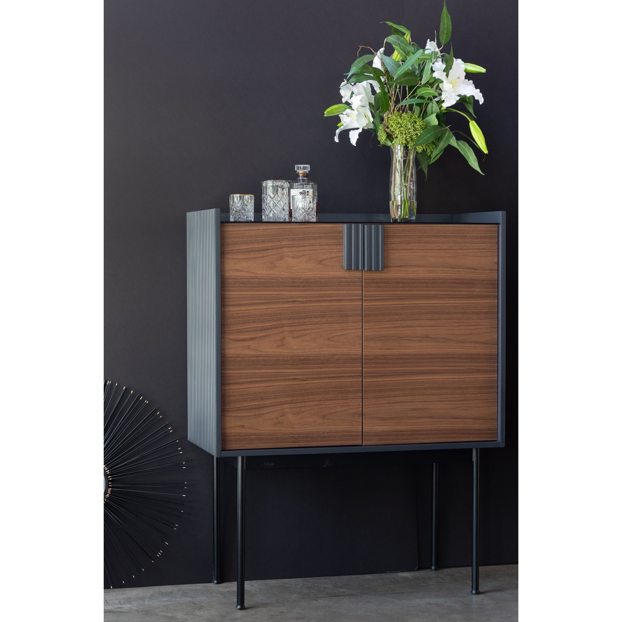 Moe S Home Collection Yasmin Contemporary Two Tone Bar Cabinet With Wine Bottle Storage Stoney Creek Furniture Bar Cabinets