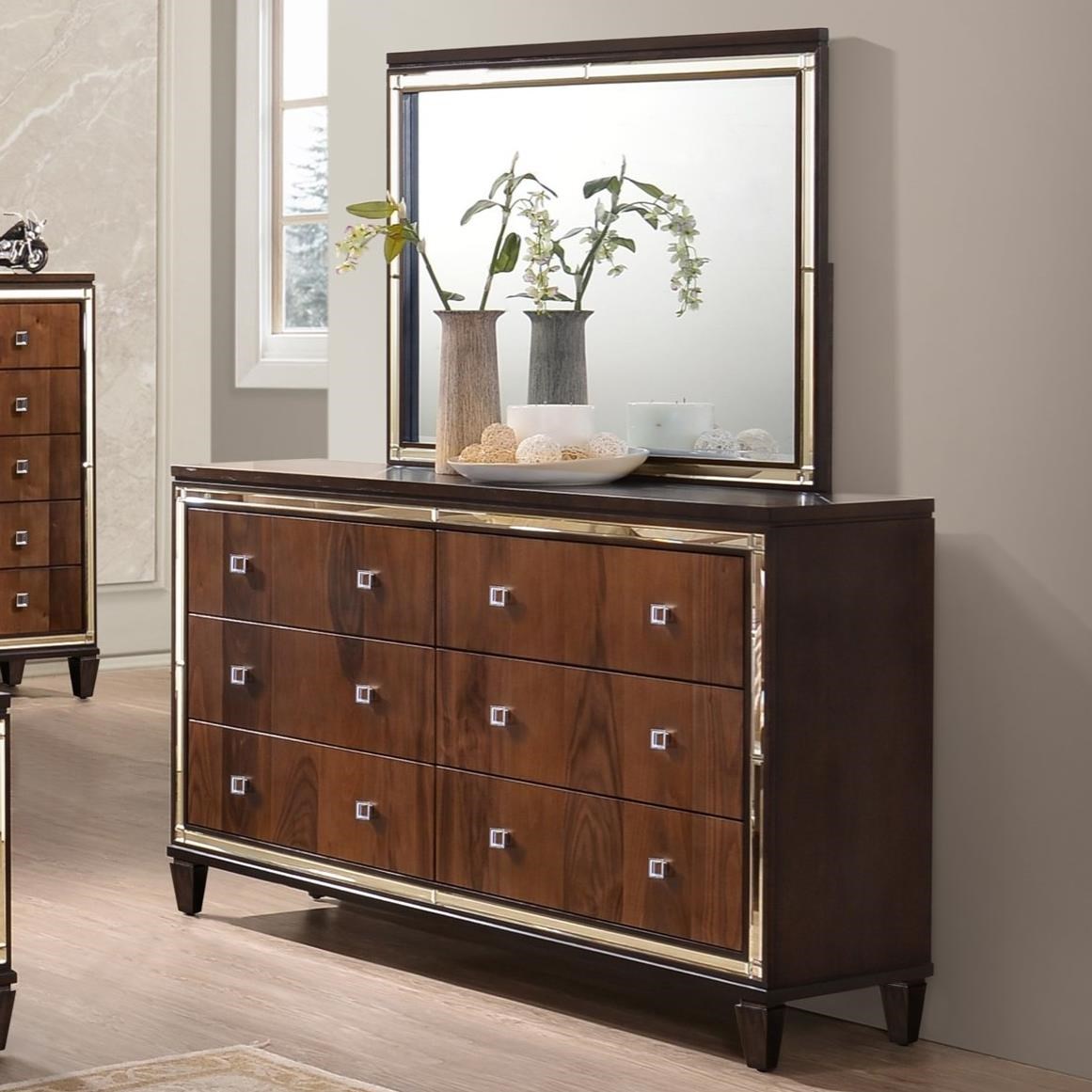 New Classic Claire Six Drawer Dresser With Mirrored Accents And