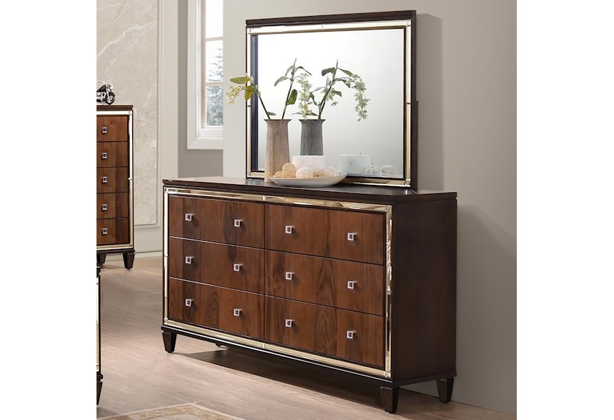 New Classic Claire Six Drawer Dresser With Mirrored Accents And