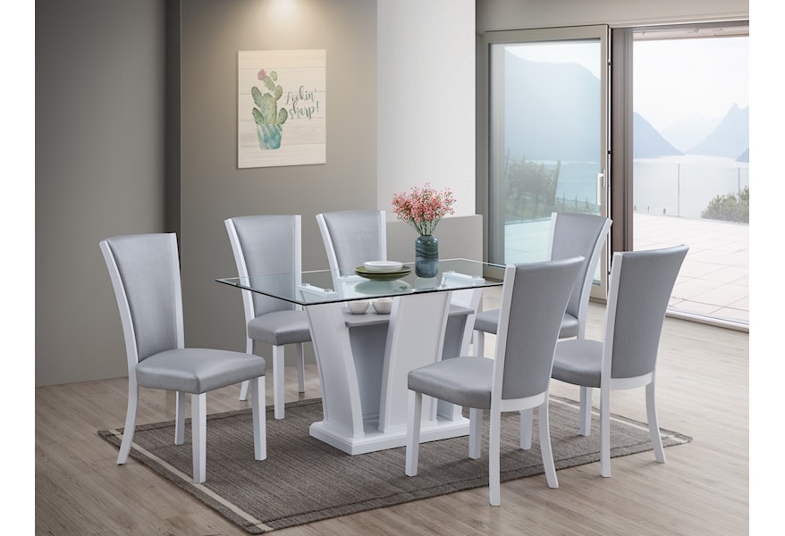 New Classic Platina Contemporary 7-Piece Table and Chair Set with Glass Table Top | Wilson's Furniture | Dining 7 (or more) Piece Sets