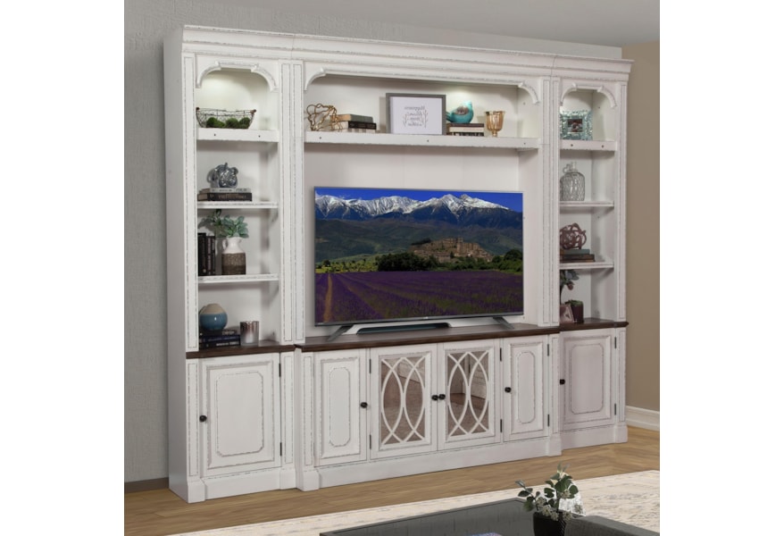 Parker House Provence Relaxed Vintage Entertainment Wall Unit With Display Lighting Hudson S Furniture Wall Unit,Small Space Computer Table Designs For Home In Corner