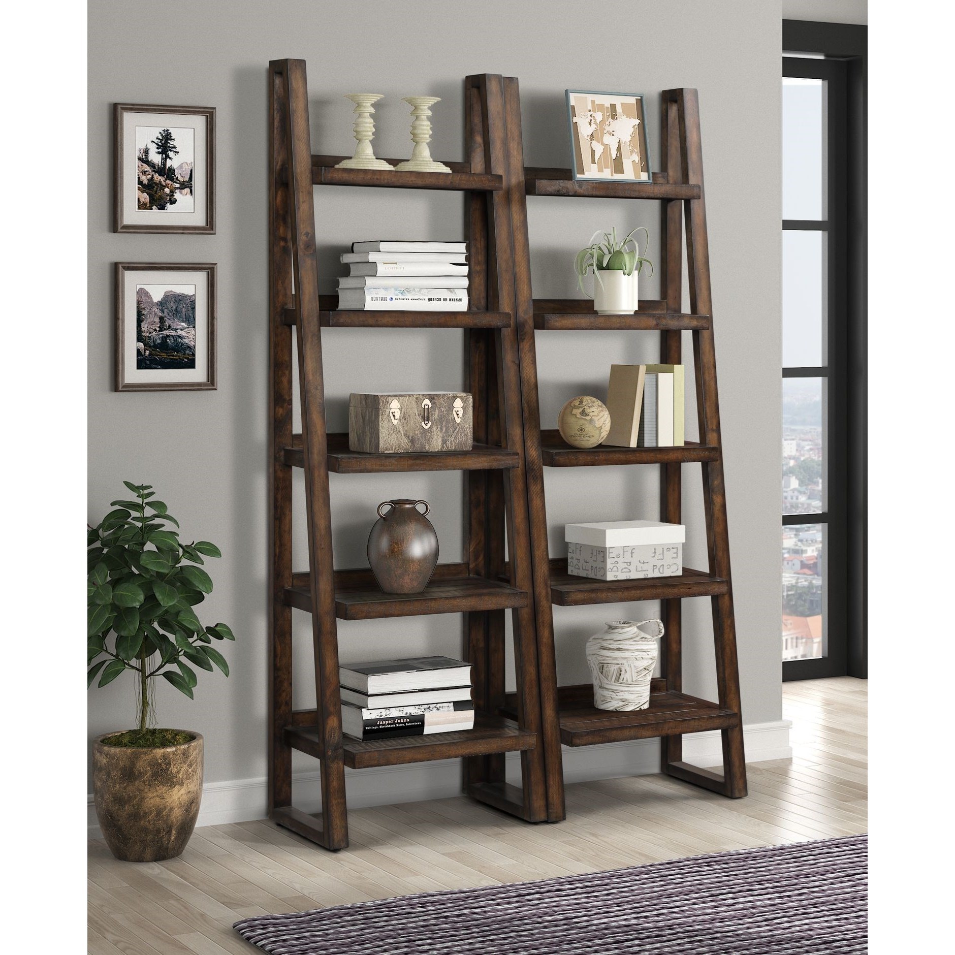 Rustic Modern Pair of Etagere Bookcases