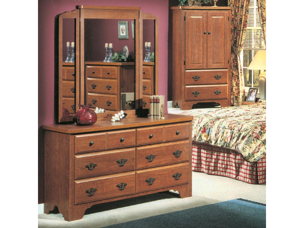 Perdue 54000 Series Cottage Light Oak 6 Drawer Dresser Wing Mirror Set Rune S Furniture Dresser Mirror Light Wood Dresser With Mirror