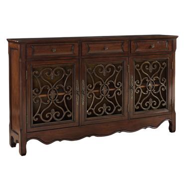Powell Consoles 3 Door Metal Look Console With Hand Painted Scroll