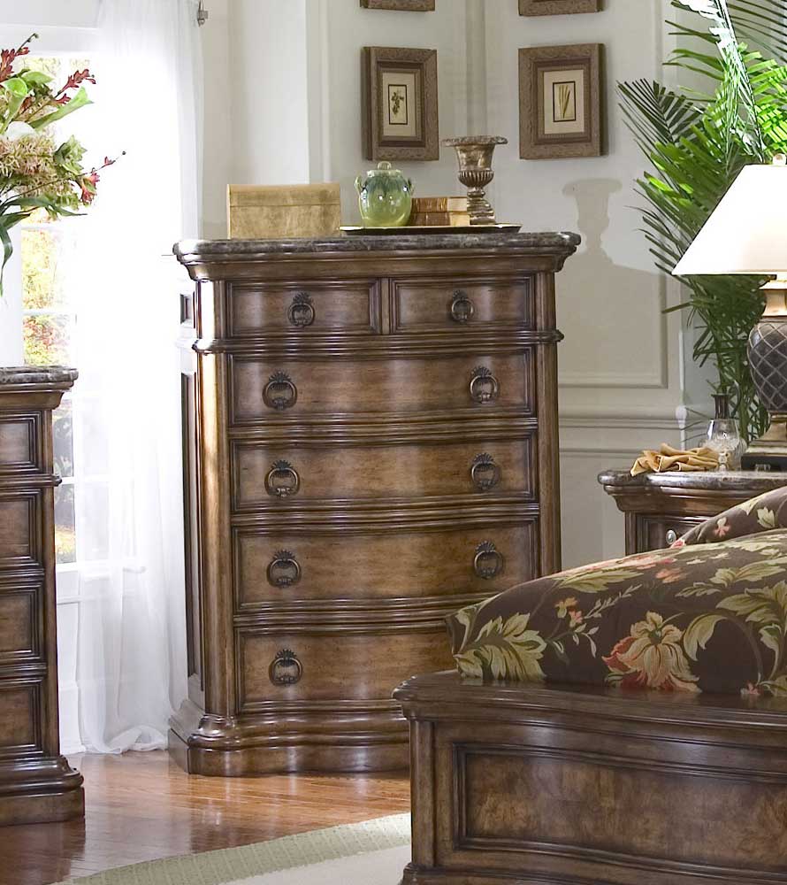 Pulaski Furniture San Mateo 662124 Five Drawer Marble Top Chest Corner Furniture Drawer Chests