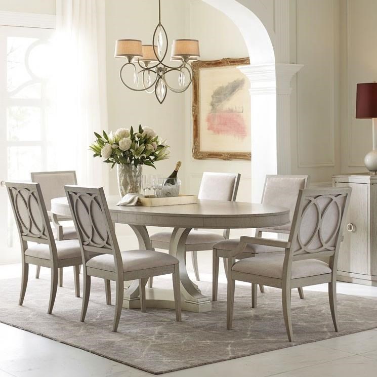 Rachael Ray Home By Legacy Classic Cinema Oval Single Pedestal Dining Table And Upholstered Side And Arm Chair Set Lagniappe Home Store Dining 7 Or More Piece Sets