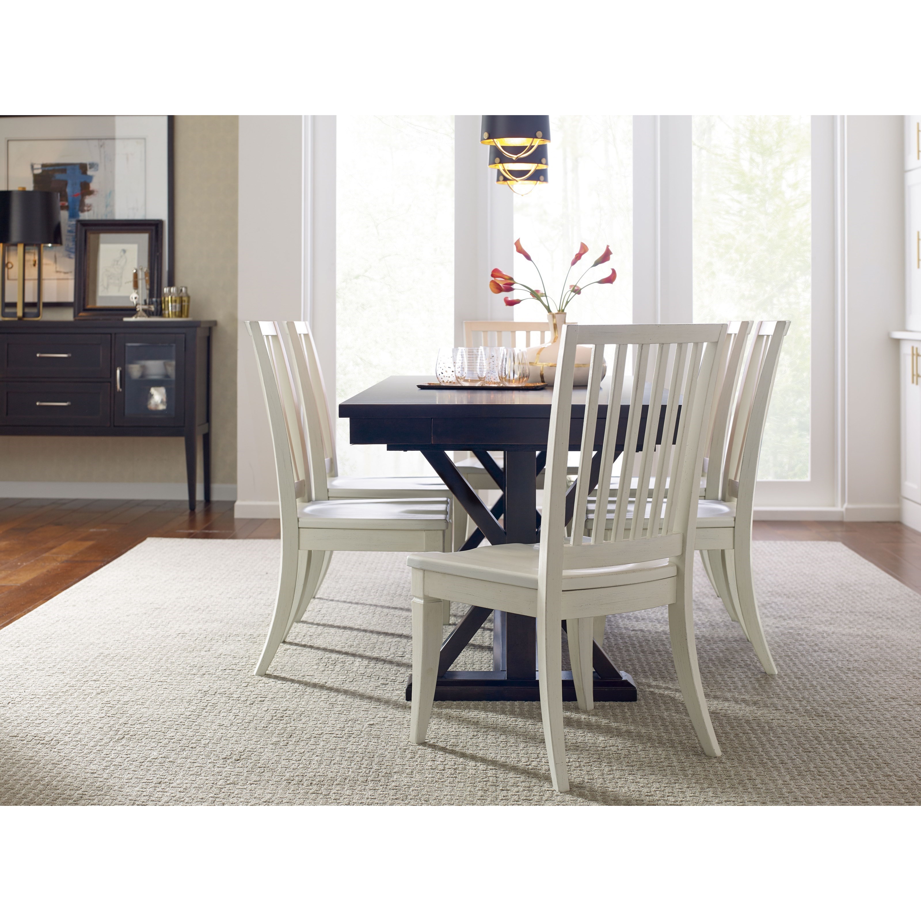 Rachael Ray Home By Legacy Classic Everyday Dining Trestle Dining Table With Leaf And 6 Slat Back Dining Side Chairs Esprit Decor Home Furnishings Dining 7 Or More Piece Sets