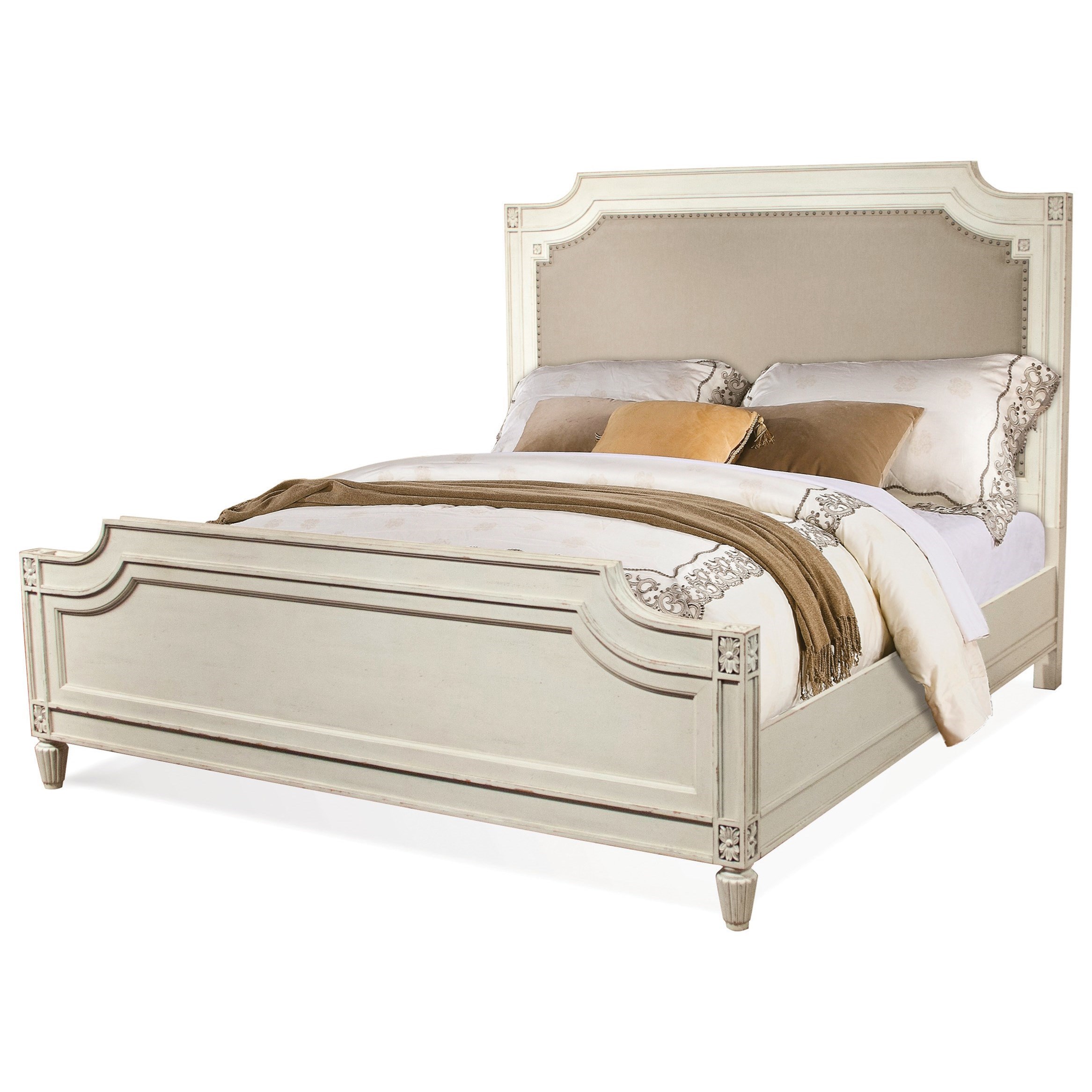 Riverside Furniture Huntleigh California King Carved Upholstered Bed In Vintage White Finish Dunk Bright Furniture Panel Beds