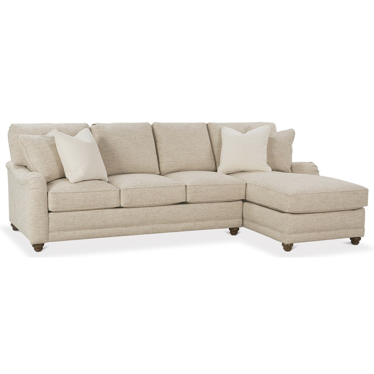Customizable Sectional Sofa Chaise with English Arms, Turned Legs, and Knife Style Cushions