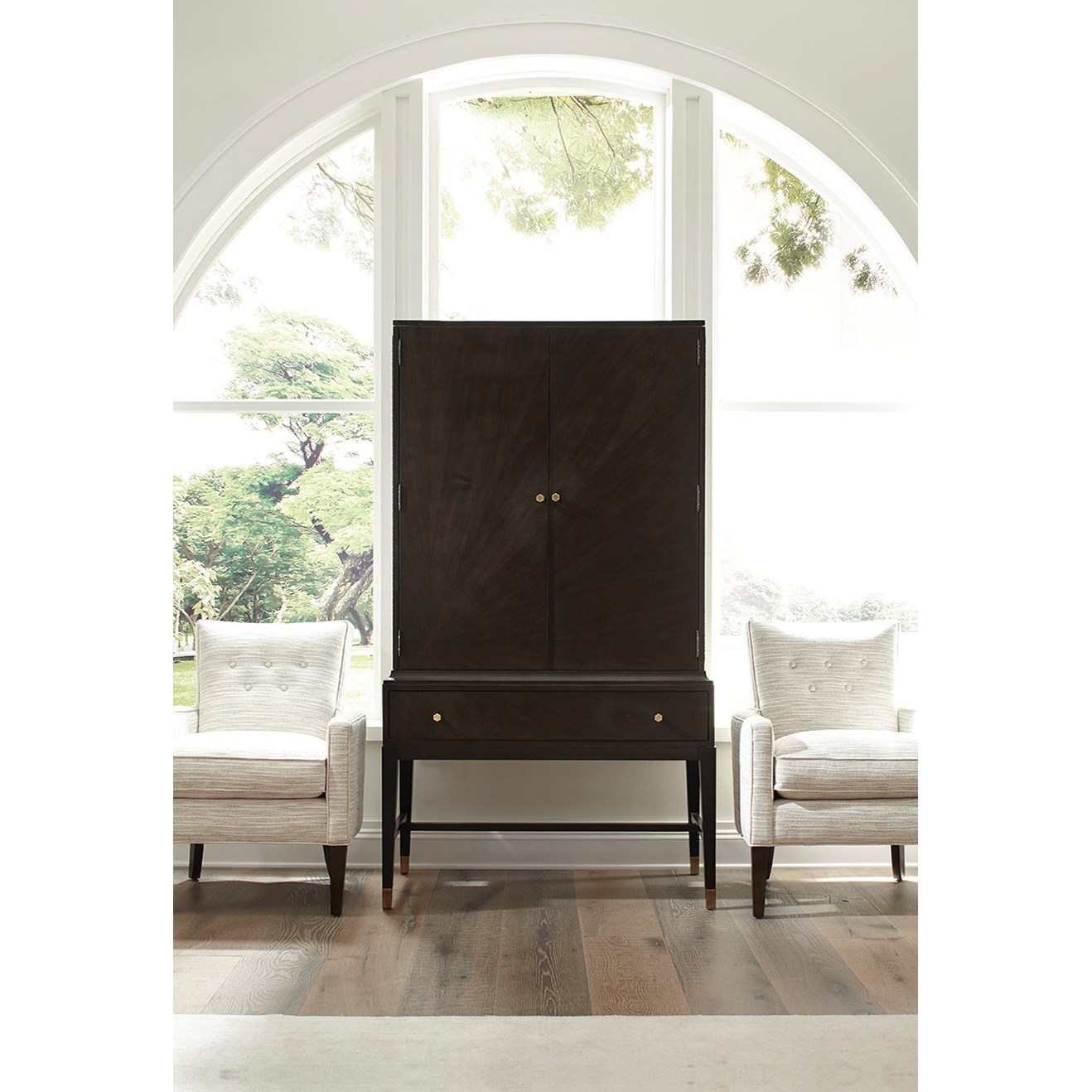 Rowe Dynasty Sunburst Walnut Veneer Bar Cabinet Armoire With