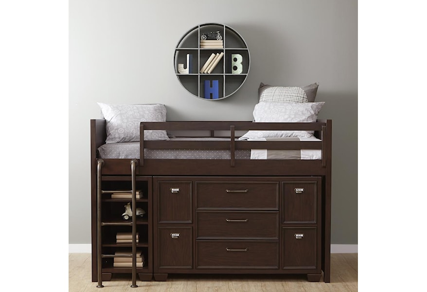 lulu twin loft bed with storage and bookcase