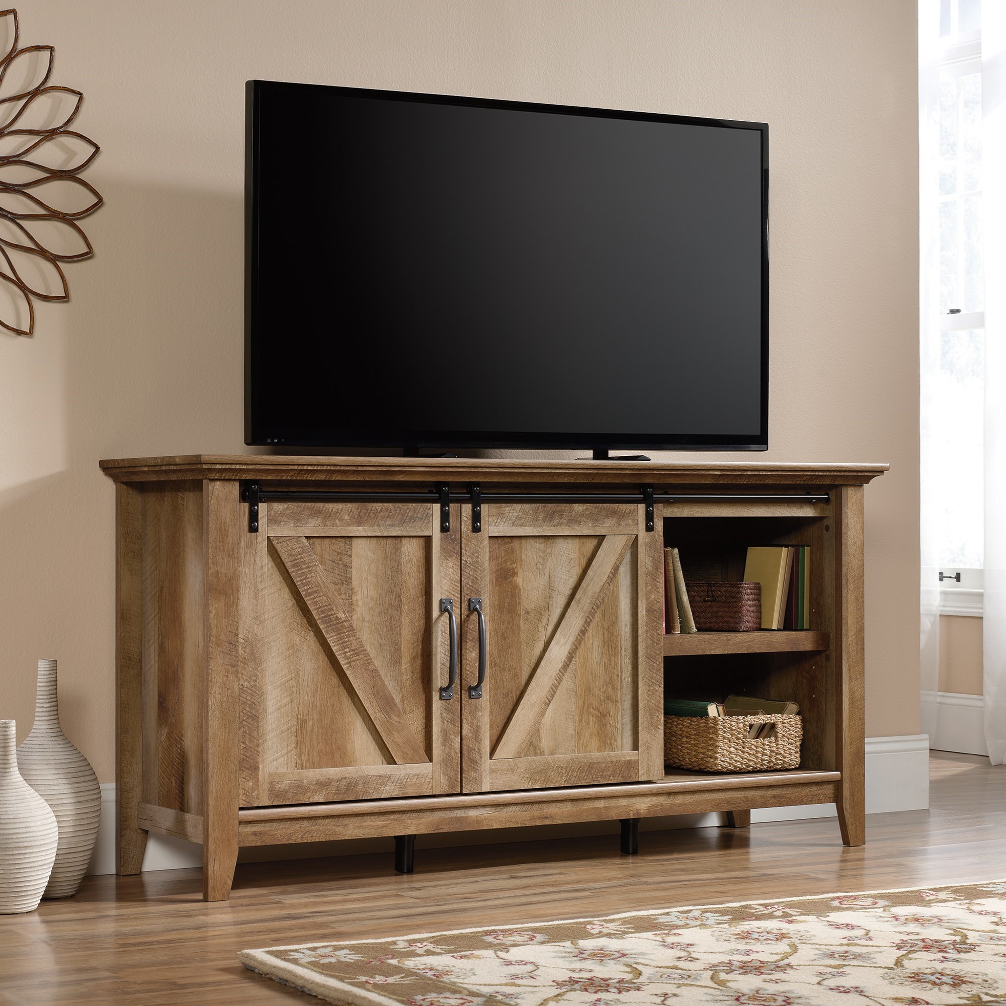 Sauder Dakota Pass Rustic Finish Credenza Tv Stand With Barn Doors Darvin Furniture Tv Stands