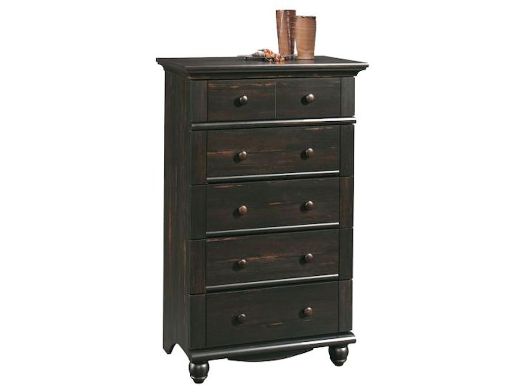Sauder Harbor View Antique Finished 5 Drawer Chest With Turned