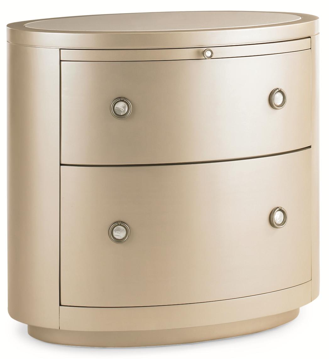 Caracole New Traditional Pearl Drop Oval Nightstand With Stone Top 2 Drawers And Pull Out Shelf Jacksonville Furniture Mart Nightstands