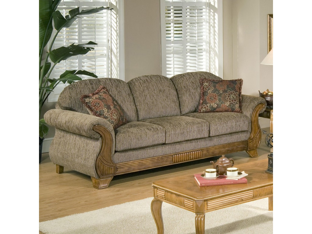 7400 Traditional Sofa With Clic Wood Face Accents By Serta Upholstery Hughes Furniture At Rooms For Less