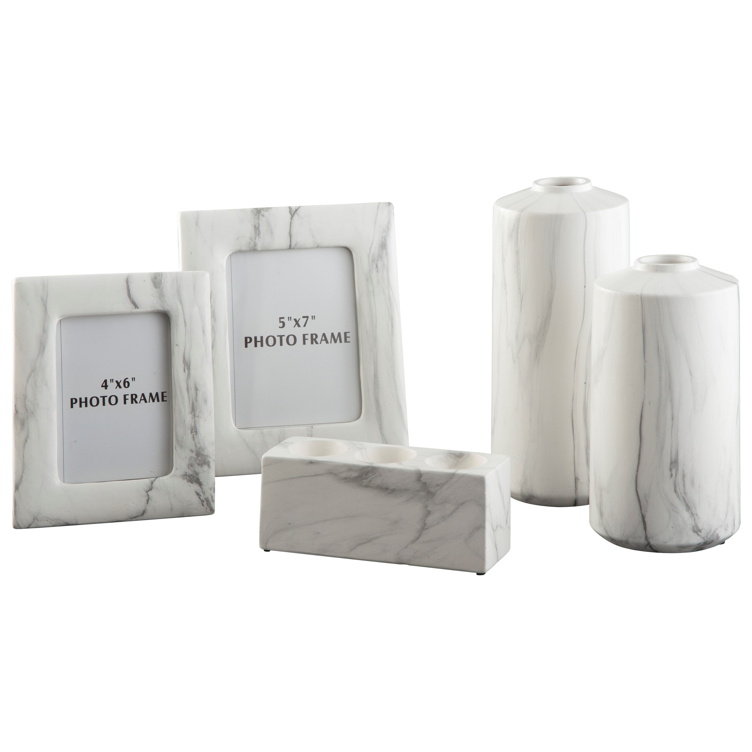 Signature Design by Ashley Rishona 5 Piece Décor Set with Vase Photo Frame & Candle Holders Silver Finish Jar 