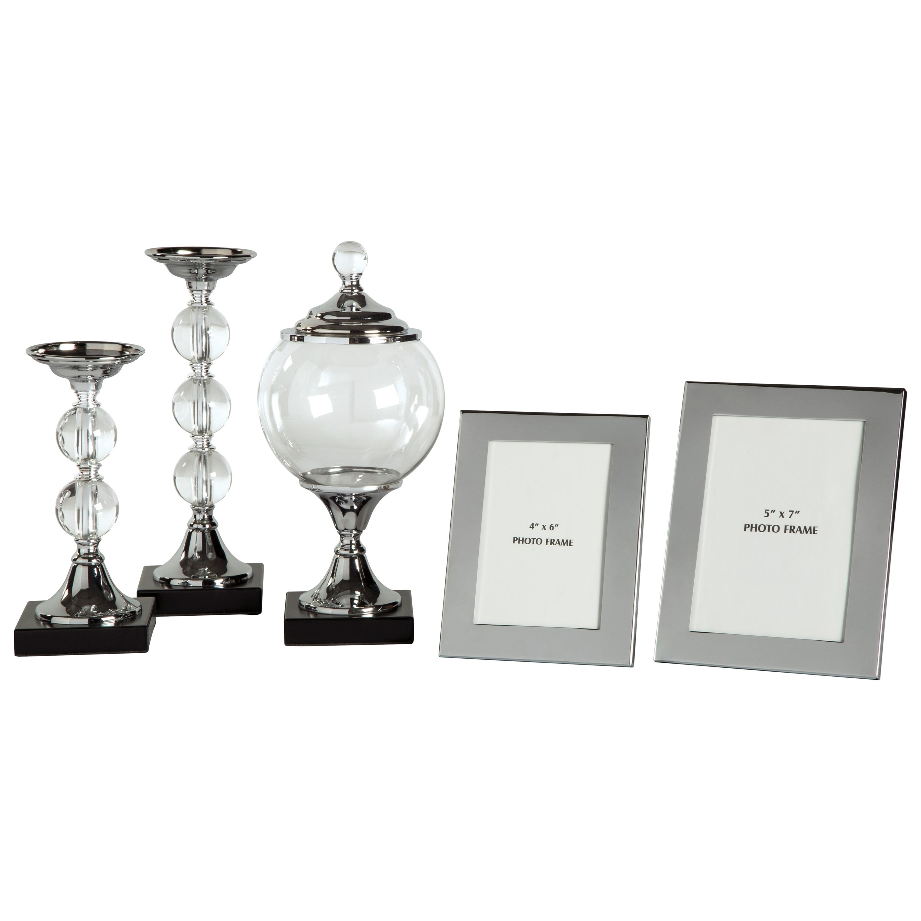 Jar Photo Frame & Candle Holders Silver Finish Signature Design by Ashley Rishona 5 Piece Décor Set with Vase 