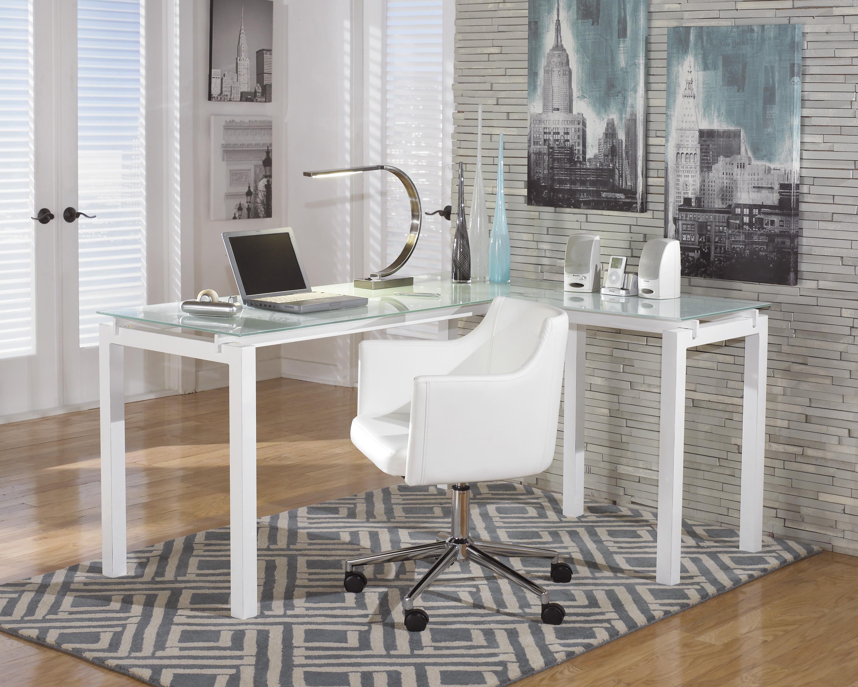 Signature Design By Ashley Baraga White Finish Metal L Desk With Frosted Glass Top Royal Furniture L Shape Desks