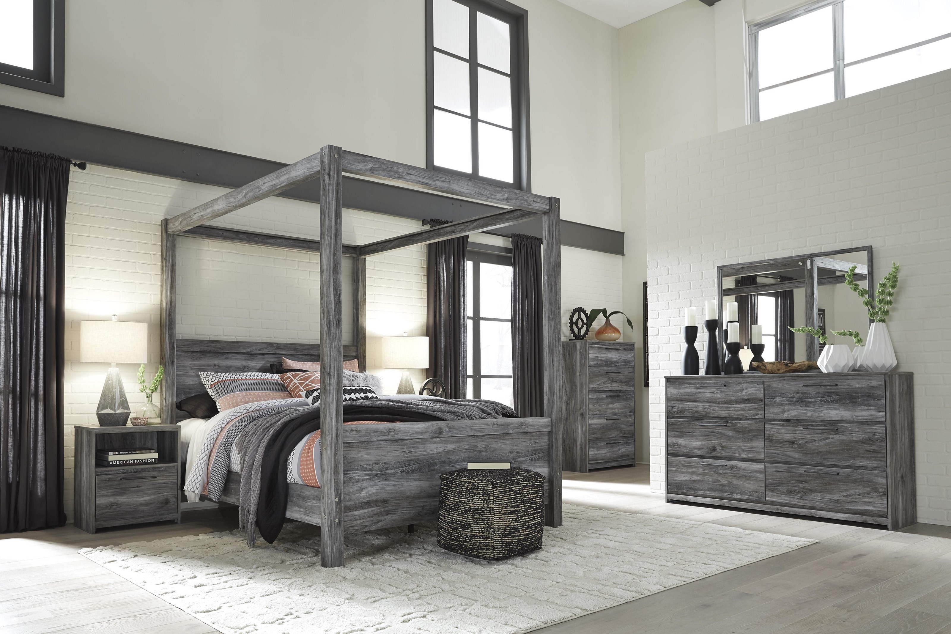 Signature Design By Ashley Baystorm B221 62 72 99 31 36 91 King Canopy Bed Dresser Mirror And Nightstand Package Sam Levitz Furniture Bedroom Groups