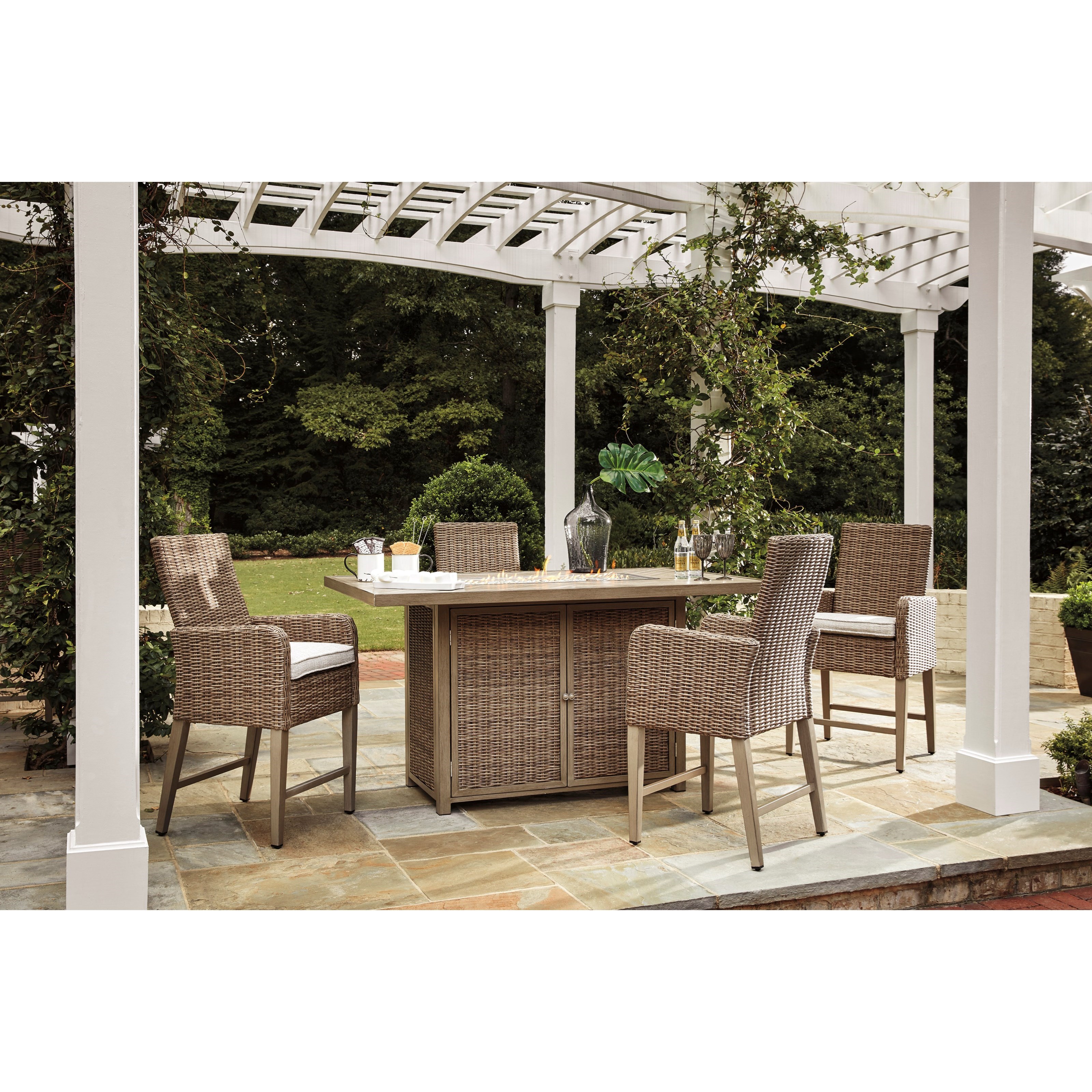 Signature Design By Ashley Beachcroft 5 Piece Outdoor Bar Fire Pit Table Set Royal Furniture Outdoor Pub Dining Sets