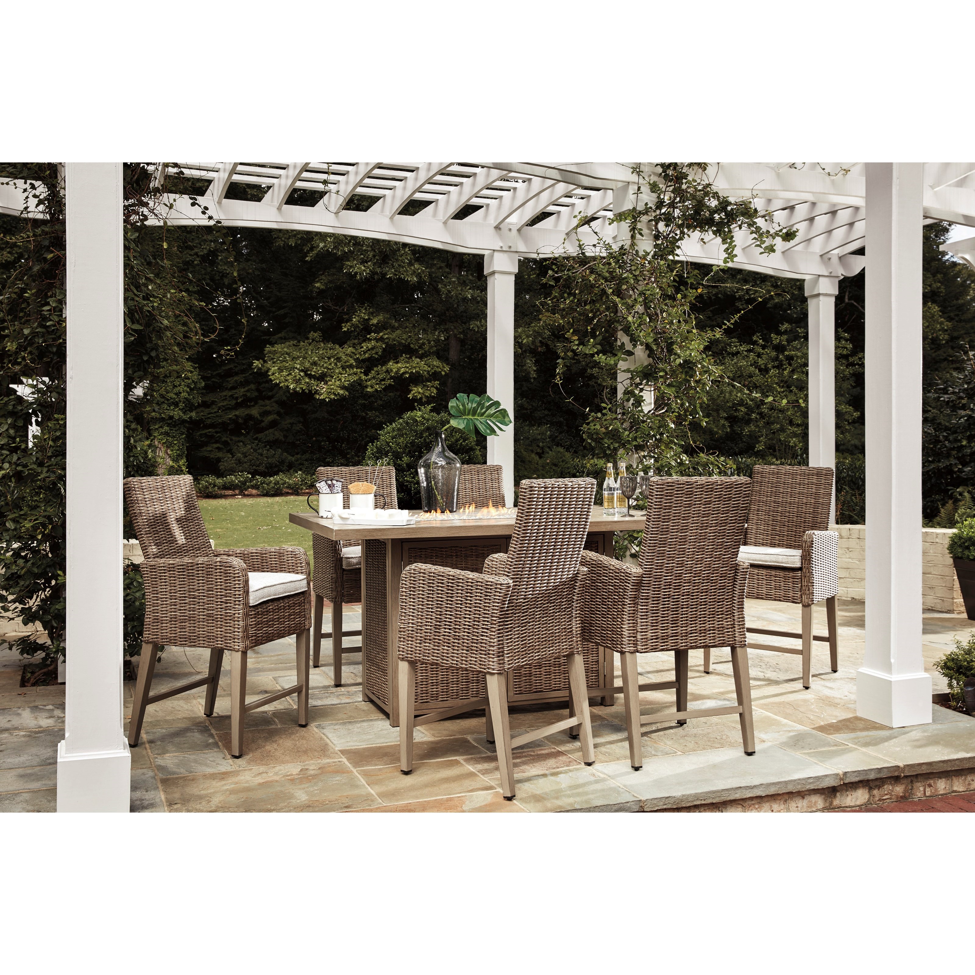 Signature Design By Ashley Beachcroft 7 Piece Outdoor Bar Fire Pit Table Set Houston S Yuma Furniture Outdoor Pub Dining Sets