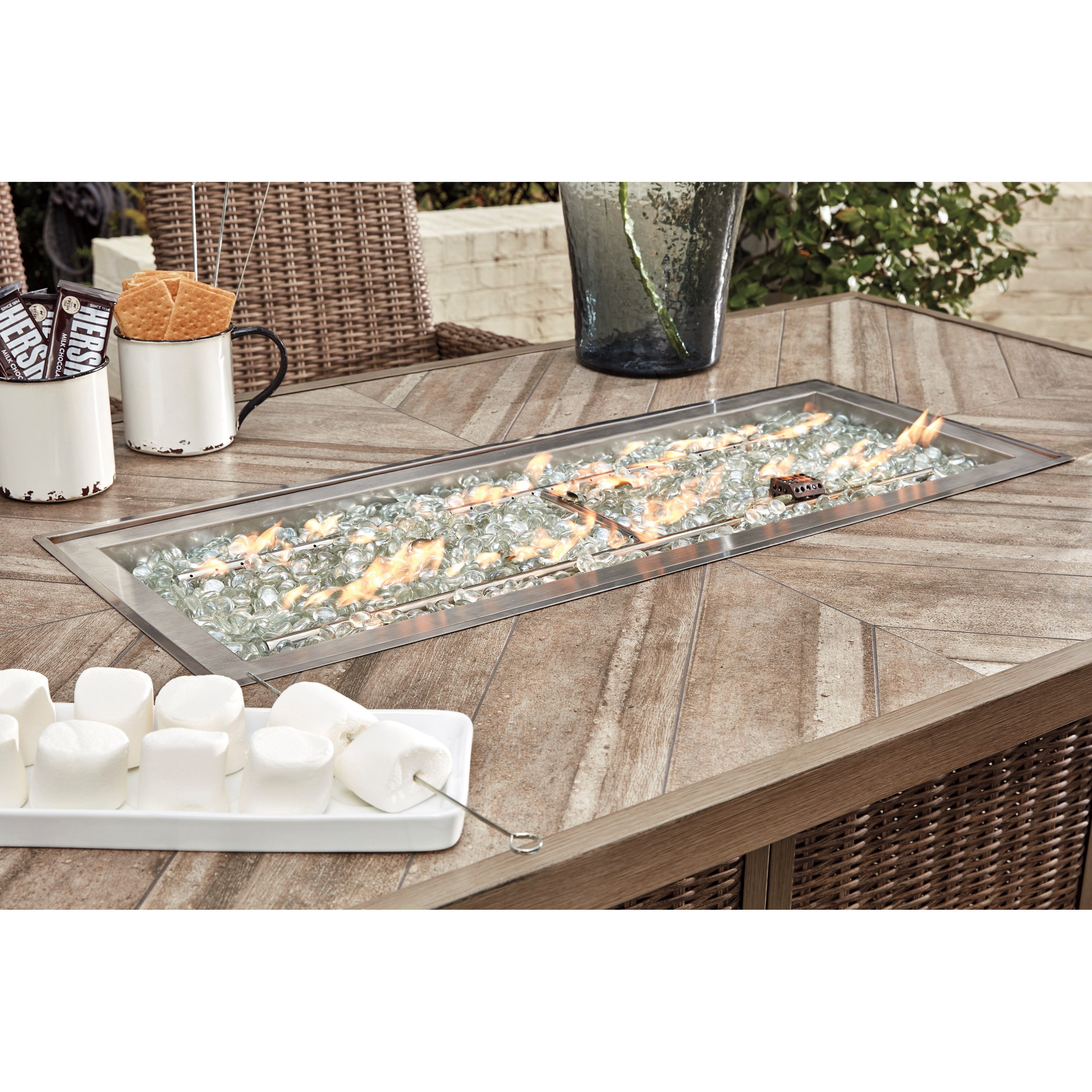 Signature Design By Ashley Beachcroft 7 Piece Outdoor Bar Fire Pit Table Set Find Your Furniture Outdoor Pub Dining Sets