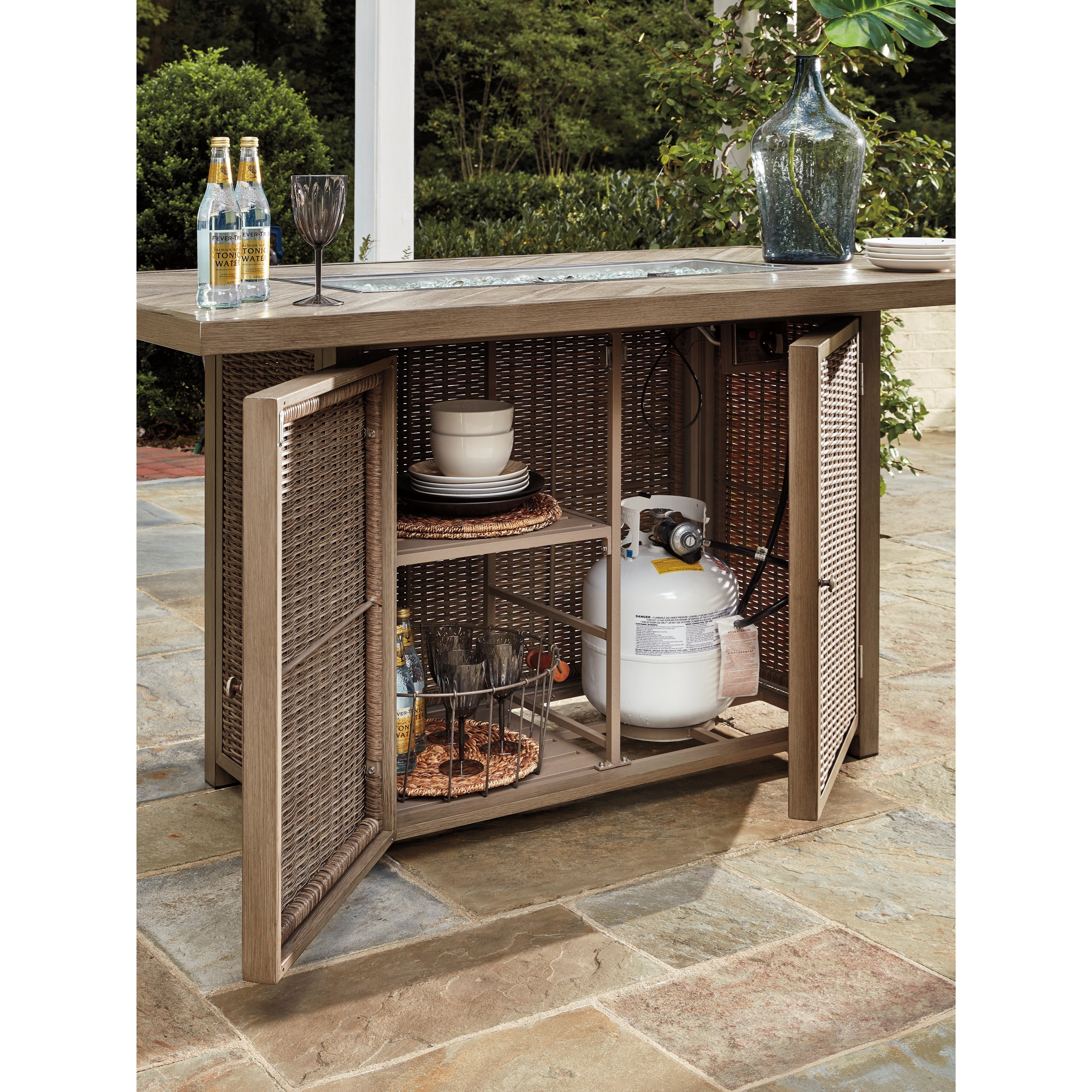 Benchcraft Beachcroft Rectangular Bar Table With Fire Pit