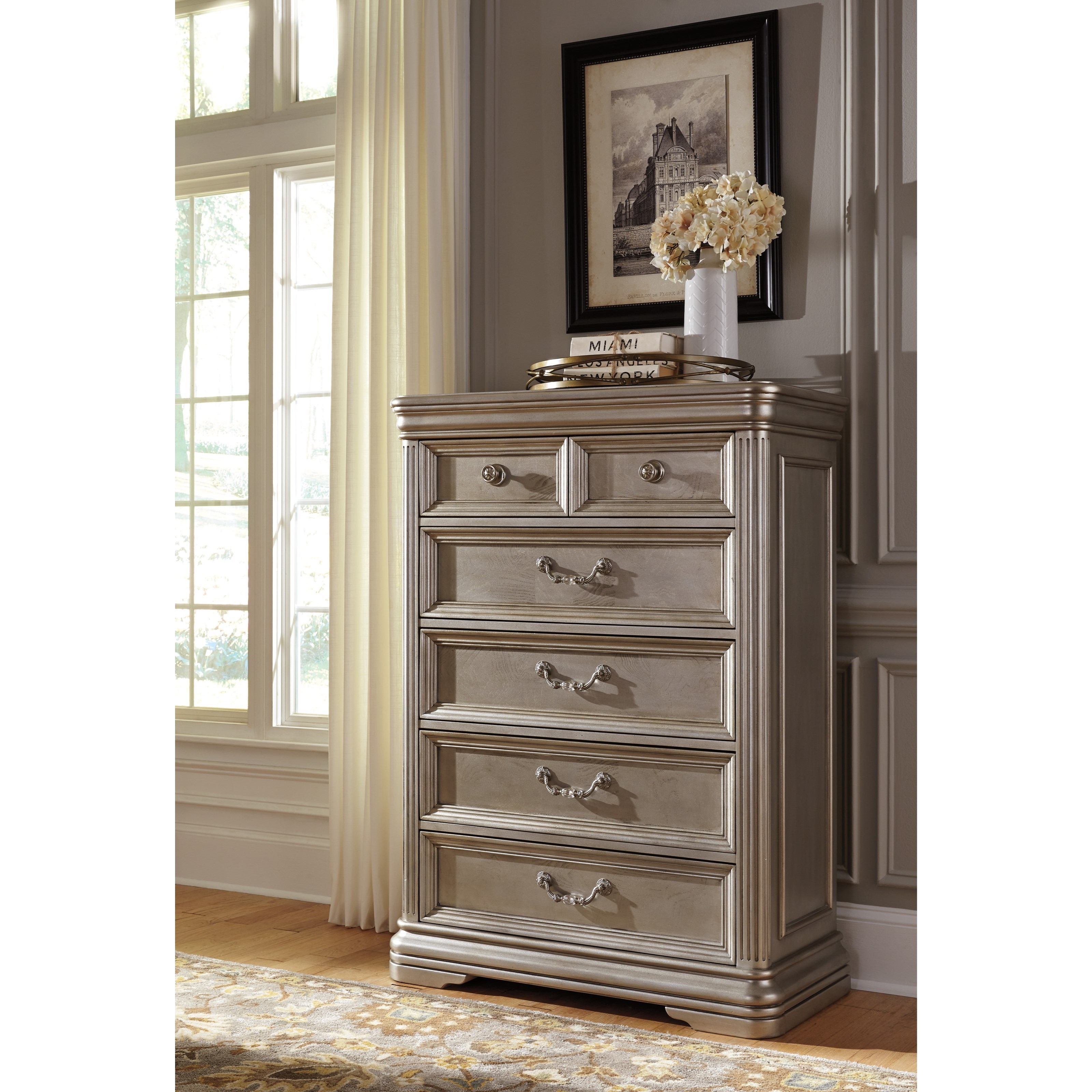 Ashley Signature Design Birlanny B720 46 Five Drawer Chest In Silver Finish Dunk Bright Furniture Drawer Chests