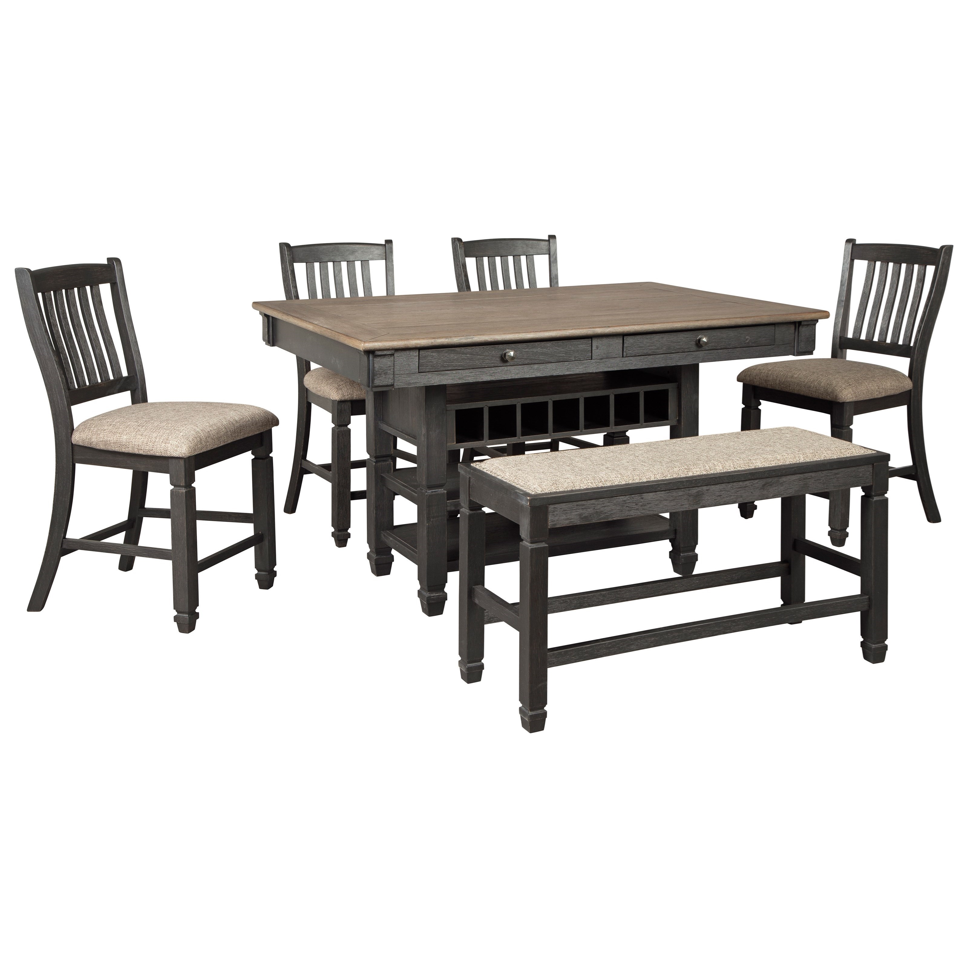Signature Design By Ashley Tyler Creek D736 32 4x124 09 Relaxed Vintage 6 Piece Counter Table With Wine Storage Stools And Bench Household Furniture Pub Table And Stool Sets