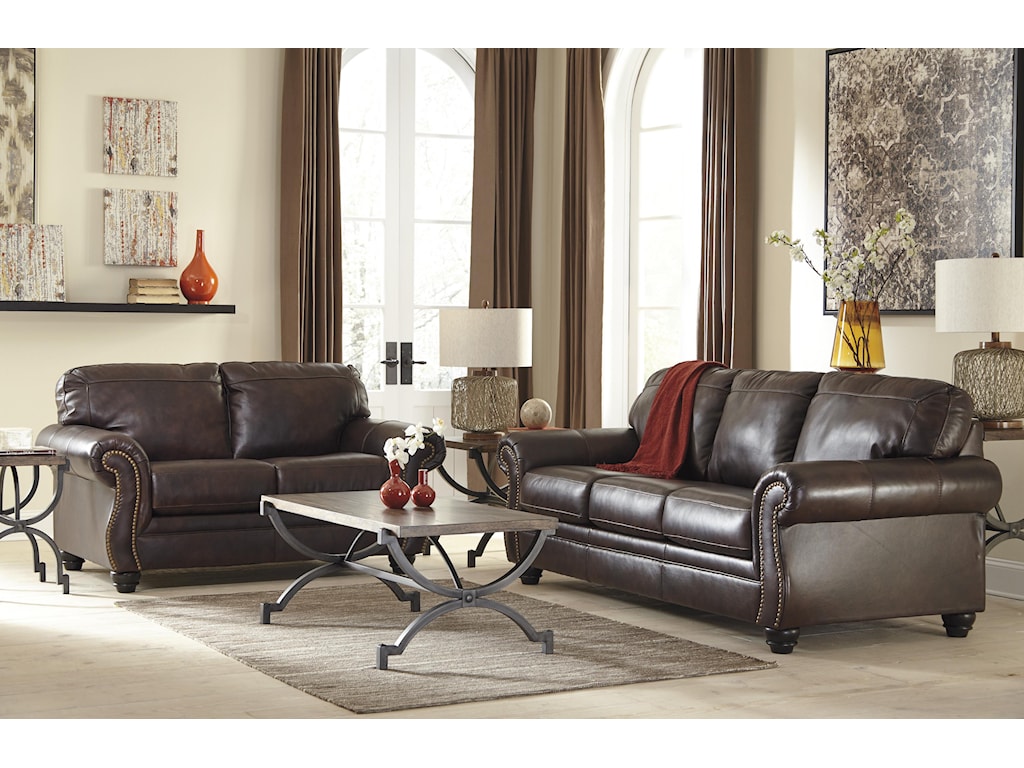 Ashley Signature Design Bristan Traditional Leather Match Sofa with ...