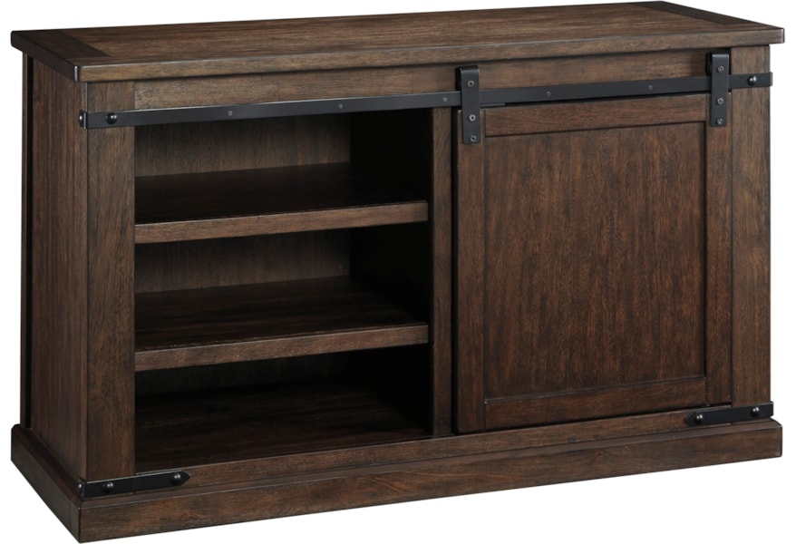 Signature Design By Ashley Budmore W562 28 Mango Veneer Medium Tv Stand With Barn Door Furniture And Appliancemart Tv Stands