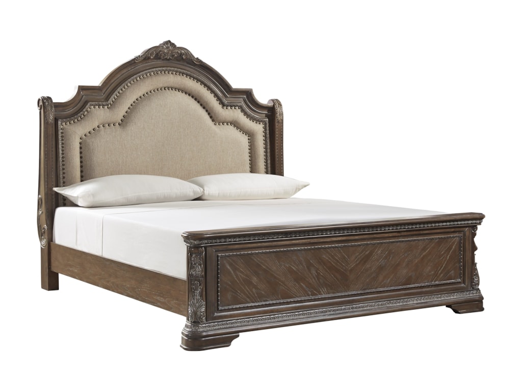Signature Design By Ashley Charmond Traditional Queen Upholstered Bed With Nailhead Trim Framing Royal Furniture Upholstered Beds