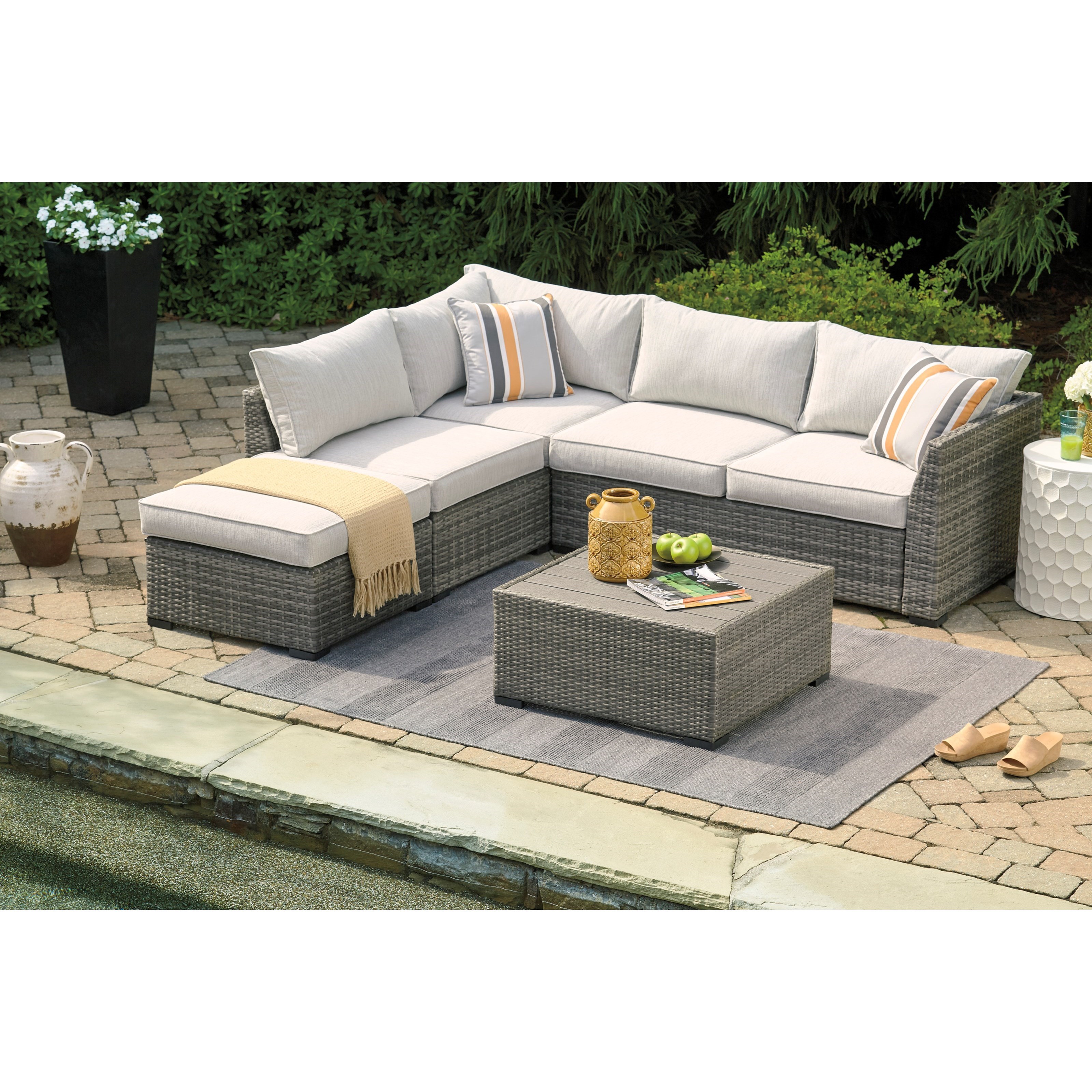 Ashley Furniture Signature Design Cherry Point P301 070 Contemporary Outdoor Sectional Set Del Sol Furniture Outdoor Conversation Sets Outdoor Chat Sets